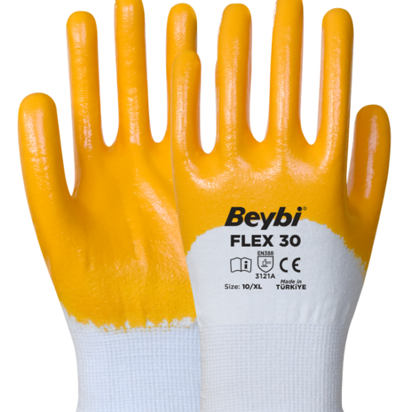 FLEX30 ¾ Nitril Kaplı Pamuk Likralı Örme Eldiven | Kaymaz ve Dayanıklı İş Eldiveni