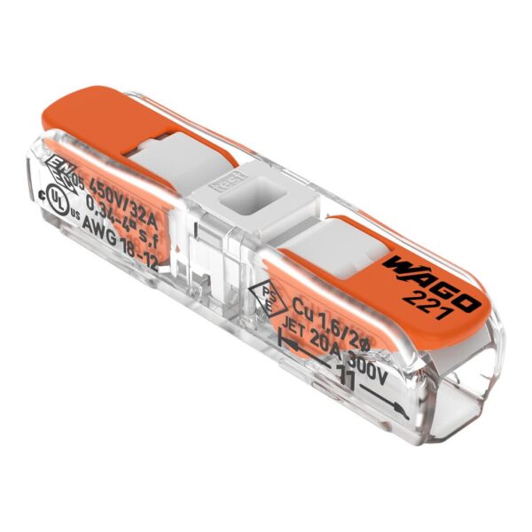 Wago 221-2401 Inline Kollu Birleştirme Konektörü | 2 İletkenli | 4 mm² | Şeffaf Gövde – Beyaz Kapak