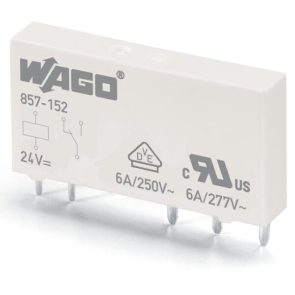 WAGO 857-152 Temel Röle – 24 VDC, 1 Değişken Kontak, 6 A, 5 mm Ultra İnce Tasarım