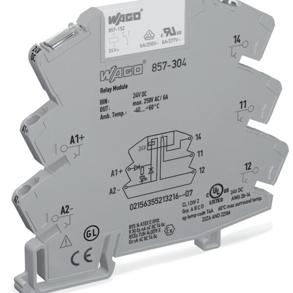 WAGO 857-304 Röle Modülü – 24 VDC, 1 Değişken Kontak, 6 A, LED Göstergeli, 6 mm